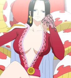 Rule 34 | 1girl, amazon lily, boa hancock, breasts, cleavage, female focus, highres, jpeg artifacts, one piece, salome (one piece), screencap, sitting, snake, stitched, third-party edit
