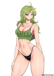 Rule 34 | 1girl, artist name, black panties, breasts, cleavage, collarbone, commentary, crop top, curvy, english commentary, green hair, highres, large breasts, light blush, lips, long hair, looking at viewer, monet (one piece), navel, one piece, panties, parted lips, shouroro, simple background, solo, tank top, teeth, thighs, thong, underwear, white background, wide hips, yellow eyes