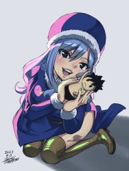 Rule 34 | 1girl, 2023, blue hair, breasts, fairy tail, fur-trimmed headwear, fur trim, hat, highres, juvia lockser, large breasts, long hair, looking at viewer, mashima hiro, smile, solo