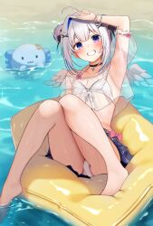 Rule 34 | 1girl, absurdres, afloat, ahoge, amane kanata, amane kanata (7th costume), angel wings, armpits, barefoot, bikini, black bow, black choker, blue eyes, blue hair, blue skirt, blush, bow, bracelet, breasts, buket pudding i, choker, commentary request, day, diffraction spikes, double bun, feet, front-tie bikini top, front-tie top, grey hair, grin, hair bow, hair bun, hair ornament, highres, hololive, innertube, jewelry, knees up, lace, lace choker, looking at viewer, mini wings, multicolored hair, multiple bracelets, multiple hair bows, off-shoulder shirt, off shoulder, official alternate costume, on water, outdoors, pink hair, purple eyes, see-through, see-through shirt, shirt, sidelocks, single hair intake, skirt, small breasts, smile, solo, star (symbol), star choker, streaked hair, swim ring, swimsuit, upao (amane kanata), v, v over head, virtual youtuber, water, wet, white bikini, wings, x hair ornament