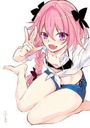 Rule 34 | 1boy, :3, :d, arms up, astolfo (fate), astolfo (sugar vacation) (fate), bad id, bad pixiv id, bare legs, barefoot, bikini, bikini under clothes, black bikini, black bow, blush, bow, braid, collarbone, collared shirt, crop top, denim, denim shorts, fang, fate/apocrypha, fate (series), flat chest, from above, hair between eyes, hair bow, hair intakes, hair over shoulder, long hair, long sleeves, looking at viewer, looking up, male focus, navel, official alternate costume, open clothes, open mouth, open shirt, open shorts, pink hair, purple eyes, raised eyebrows, reaching, reaching towards viewer, see-through, selfie, shirai, shirt, short shorts, shorts, side-tie bikini bottom, simple background, single braid, sitting, sleeves rolled up, smile, solo, stomach, string bikini, swimsuit, thighs, tied shirt, translated, trap, unbuttoned, unbuttoned shirt, w, white background, white shirt, wing collar