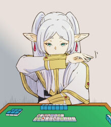 Rule 34 | 1girl, alone comic, arm rest, capelet, commentary request, earrings, elf, frieren, green eyes, highres, holding, holding mahjong tile, jewelry, long hair, looking at object, mahjong, mahjong tile, parted bangs, pointy ears, shirt, simple background, solo, sousou no frieren, striped clothes, striped shirt, twintails, white capelet, white hair