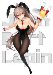 Rule 34 | 1girl, alternate breast size, animal ears, azur lane, backless leotard, bare shoulders, black leotard, breasts, brown hair, cleavage, detached collar, earrings, fake animal ears, fishnet pantyhose, fishnets, gloves, gluteal fold, half gloves, heart, heart earrings, highleg, highleg leotard, highres, holding, holding tray, jean bart (azur lane), jewelry, leotard, long hair, looking at viewer, manjuu (azur lane), miso tanuki, pantyhose, playboy bunny, ponytail, rabbit ears, red eyes, red gloves, red neckwear, simple background, solo, strapless, strapless leotard, thigh gap, tray, very long hair, white background, wing collar, wrist cuffs