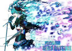 Rule 34 | 1girl, absurdres, aqua hair, bad id, bad pixiv id, blue eyes, bouno satoshi, corset, earrings, elbow gloves, female focus, flower, gloves, hair flower, hair ornament, hatsune miku, highres, jewelry, long hair, microphone, microphone stand, open mouth, pale skin, skirt, solo, thighhighs, very long hair, vocaloid, white background
