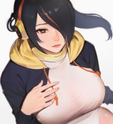 Rule 34 | 1girl, black hair, black jacket, breasts, brown eyes, commentary, drawstring, emperor penguin (kemono friends), hair over one eye, hand on own chest, headphones, highres, hood, hood down, hooded jacket, jacket, kemono friends, large breasts, leotard, long hair, long sleeves, one eye covered, simple background, solo, takami masahiro, white background, white leotard