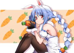 Rule 34 | 1girl, :t, absurdres, animal ear fluff, animal ears, arm cuffs, black gloves, black leotard, black pantyhose, blue hair, braid, breasts, carrot, carrot hair ornament, cleavage, closed mouth, commentary request, don-chan (usada pekora), dress, eating, food, food-themed hair ornament, fur-trimmed gloves, fur scarf, fur trim, gloves, hair between eyes, hair ornament, hair ribbon, highres, holding, holding food, hololive, huge filesize, leotard, light blue hair, long hair, looking at viewer, medium breasts, multicolored hair, off-shoulder dress, off shoulder, orange background, pantyhose, patterned background, playboy bunny, pom pom (clothes), rabbit ears, rabbit girl, red eyes, ribbon, simple background, sitting, solo, symbol-shaped pupils, symbol in eye, takahan, thick eyebrows, tress ribbon, twin braids, twintails, two-tone background, two-tone hair, usada pekora, usada pekora (1st costume), virtual youtuber, white background, white dress, white hair