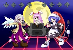 Rule 34 | 3girls, arrow (symbol), black dress, blue eyes, blue hair, blush, brown footwear, collared shirt, commentary request, doremy sweet, dress, feathered wings, friday night funkin&#039;, full body, full moon, grey hair, hat, highres, holding, holding microphone, jacket, kishin sagume, loafers, long hair, long sleeves, looking at another, microphone, moon, multiple girls, necktie, nightcap, one eye closed, open clothes, open jacket, open mouth, parody, purple dress, rabbit girl, red eyes, red headwear, red necktie, reisen udongein inaba, shirt, shoes, short hair, short sleeves, single wing, smile, speaker, tail, tapir tail, touhou, two-tone dress, white dress, white shirt, white wings, wings, yellow jacket, zenji029