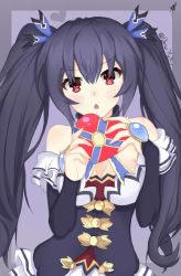 Rule 34 | bare shoulders, baruyucky, black hair, blue background, breasts, chocolate, cleavage, collar, confessing, dress, gloves, grey background, heart, jacket, long hair, medium breasts, mega miracle force, neptune (series), nervous, noire (neptunia), open mouth, red eyes, ribbon, skirt, tsundere, twintails, valentine, waistcoat