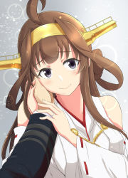 Rule 34 | 1girl, ahoge, blush, breasts, brown hair, commentary request, detached sleeves, double bun, hairband, hand on another&#039;s cheek, hand on another&#039;s face, hands on another&#039;s wrists, happy, head tilt, jewelry, kantai collection, kongou (kancolle), lens flare, long hair, medium breasts, nontraditional miko, pov, pov hands, purple eyes, remodel (kantai collection), ribbon-trimmed sleeves, ribbon trim, ring, shigure ryuunosuke, smile, solo focus, tassel, wedding band, wide sleeves