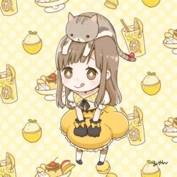 Rule 34 | 1girl, :q, animal, animal hands, animal on head, apple, apple slice, blunt bangs, blush, bow, bowl, brown cat, brown eyes, brown hair, cat, cat on head, cherry, chibi, closed mouth, commentary request, food, fruit, full body, glove bow, gloves, leaning forward, lemon, lemon slice, lemonade, long hair, looking at viewer, macaron, medium bangs, miyan (shamigame), on head, paw gloves, pudding, puffy sleeves, ragnarok masters, ragnarok online, shirt, sidelocks, skirt, smile, socks, solo, tongue, tongue out, white shirt, white socks, yellow bow, yellow skirt