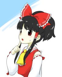 Rule 34 | 1girl, ascot, black hair, bow, detached sleeves, hair bow, hair tubes, hakurei reimu, hand up, long sleeves, nonamejd, official style, open mouth, ponytail, red bow, red eyes, ribbon-trimmed sleeves, ribbon trim, socks, solo, touhou, upper body, white sleeves, wide sleeves, yellow ascot, zun (style)