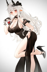 Rule 34 | 1girl, absurdres, albino, arknights, bare legs, black choker, black dress, black footwear, black gloves, blush, breasts, chinese commentary, choker, cleavage, closed mouth, clothes lift, commentary request, covered navel, cup, detached sleeves, dress, dress lift, drink, drinking glass, earrings, feet out of frame, fingerless gloves, gloves, hair ornament, high heels, highres, holding, holding cup, horns, jewelry, large breasts, leaning forward, leg up, lifting own clothes, long hair, looking at viewer, mudrock (arknights), pelvic curtain, pointy ears, red eyes, shoe dangle, short sleeves, simple background, single glove, smile, solo, standing, standing on one leg, very long hair, white background, white hair, zhudouzi
