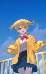 Rule 34 | 1girl, black skirt, blonde hair, blue sky, blurry, blurry background, blush, bow, bowtie, buttons, cloud, collared shirt, commentary, cowboy shot, daiba nana, day, english commentary, floating hair, from below, green eyes, green ribbon, hair between eyes, hair ribbon, hands up, high-waist skirt, highres, jacket, kooan, long sleeves, looking at viewer, looking down, miniskirt, open clothes, open jacket, outdoors, parted lips, pleated skirt, railing, red bow, red bowtie, ribbon, school uniform, seishou music academy uniform, shirt, short hair, short twintails, shoujo kageki revue starlight, skirt, sky, sleeves past fingers, sleeves past wrists, smile, solo, standing, twintails, white shirt, yellow jacket
