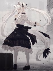 Rule 34 | 1girl, animal ear fluff, animal ears, black footwear, black skirt, blurry, blurry background, building, commentary request, fox ears, fox girl, fox tail, grey eyes, hair between eyes, high heels, highres, holding, holding smoking pipe, long hair, long skirt, long sleeves, looking at viewer, looking back, nagishiro mito, original, outstretched arm, pipe in mouth, shirt, skirt, smoking pipe, solo, suitcase, tail, twintails, white hair, white legwear, white shirt