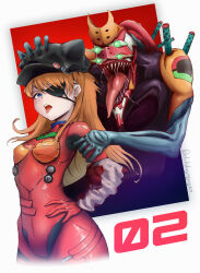 Rule 34 | 1girl, absurdres, black hat, blue eyes, bodysuit, breasts, brown hair, cowboy shot, creature, curvy, eva 02, evangelion: 3.0 you can (not) redo, expressionless, eyepatch, glowing, glowing eyes, grabbing, grabbing from behind, hands on own hips, hat, highres, jacket, long hair, looking at viewer, mecha, neon genesis evangelion, open clothes, open jacket, open mouth, plugsuit, rebuild of evangelion, red bodysuit, red jacket, robot, sexually suggestive, sharp teeth, shiny clothes, simple background, small breasts, solo, souryuu asuka langley, standing, straight hair, swept bangs, teeth, tongue, tongue out, twitter username, uncleduk, very long hair, what, wide hips