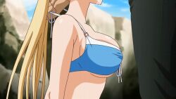 Rule 34 | 1boy, 1girl, animated, animated gif, anime screenshot, bare shoulders, bikini, black pants, blonde hair, blue bikini, bouncing breasts, breasts, drooling, father and daughter, highres, implied fellatio, incest, large breasts, long hair, looping animation, makino fuyu, oni chichi 2, pants, ribbon-trimmed bikini, swimsuit, torso only