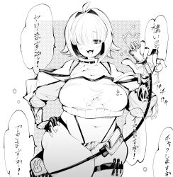 Rule 34 | 1girl, absurdres, ahoge, blush, breasts, commentary request, cowboy shot, elegg (nikke), fang, gloves, goddess of victory: nikke, greyscale, hair intakes, hair over eyes, highres, large breasts, long bangs, long sleeves, looking at viewer, monochrome, navel, nomomono eraser, open mouth, plump, short hair, simple background, solo, suspenders, thick thighs, thigh strap, thighs, translation request, white background