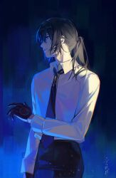 Rule 34 | 1boy, absurdres, bai liu, bishounen, black gloves, black hair, black necktie, collared shirt, cowboy shot, from side, gloves, highres, i became a god in a horror game, long hair, long sleeves, male focus, necktie, ponytail, profile, sanyue qiushi, shirt, solo, white shirt