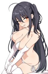 1girl azur_lane bikini black_hair blush breasts choker elbow_gloves gloves hair_between_eyes highres long_hair looking_at_viewer micro_bikini navel red_eyes seihekiog side-tie_bikini_bottom simple_background smile solo stomach swimsuit taihou_(azur_lane) thighhighs thighs underboob white_background white_bikini white_choker white_gloves white_thighhighs