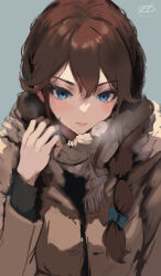 Rule 34 | 1girl, alternate costume, anchor symbol, artist logo, blue eyes, braid, breath, brown hair, brown jacket, brown scarf, commentary request, grey background, haruto (harut n), jacket, kantai collection, long hair, looking down, noshiro (kancolle), scarf, solo, twin braids, upper body