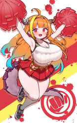 Rule 34 | 1girl, ahoge, alternate costume, armpits, arms up, bare shoulders, blonde hair, blue hair, blunt bangs, breasts, cheering, cheerleader, cleavage, commentary request, cross-laced footwear, dragon girl, dragon horns, dragon tail, fang, gradient hair, highres, holding, holding pom poms, hololive, horns, huge breasts, kani bonara, kiryu coco, long hair, midriff, miniskirt, multicolored hair, open mouth, orange hair, outstretched arms, pom pom (cheerleading), pom poms, red eyes, red skirt, shoes, sideways glance, skin fang, skirt, smile, sneakers, solo, sports bra, spread arms, standing, standing on one leg, tail, thighs, two-tone eyes, v-shaped eyebrows, very long hair, virtual youtuber, white sports bra