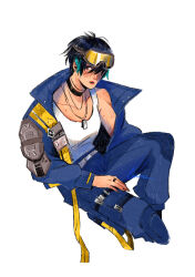 Rule 34 | 1girl, absurdres, black choker, black hair, black nails, blue hair, blue jumpsuit, choker, cinnabar (path to nowhere), collarbone, commentary, earrings, english commentary, goggles, goggles on head, highres, jewelry, jumpsuit, lemons on sticks, long sleeves, looking at viewer, necklace, parted lips, path to nowhere, ring, short hair, simple background, sitting, solo, tank top, white background, white tank top
