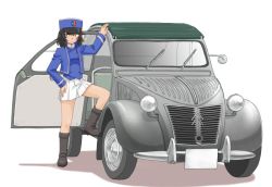 Rule 34 | 10s, 1girl, andou (girls und panzer), bc freedom (emblem), bc freedom military uniform, black footwear, black hair, blue hat, blue jacket, blue vest, boots, brown eyes, car, citroen 2cv, closed mouth, commentary request, dark-skinned female, dark skin, dress shirt, emblem, frown, girls und panzer, hand on own hip, hat, high collar, jacket, knee boots, long sleeves, looking at viewer, medium hair, messy hair, military, military hat, military uniform, miniskirt, motor vehicle, pleated skirt, shadow, shako cap, shirt, simple background, skirt, solo, standing, uniform, uona telepin, vehicle focus, vest, white background, white shirt, white skirt