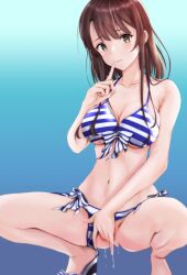 Rule 34 | absurdres, asymmetrical bangs, bikini, bikini bottom aside, blue background, blue stripes, bow, bow bikini, breasts, brown hair, cleavage, clothing aside, collarbone, commentary request, feet out of frame, female masturbation, finger to mouth, fingering, gradient background, highres, katou megumi, masturbation, medium breasts, medium hair, navel, parted lips, pussy, pussy juice, ritsumama 2013, saenai heroine no sodatekata, squatting, striped bikini, striped clothes, swimsuit, white stripes, yellow eyes