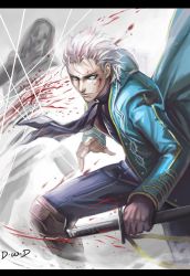 Rule 34 | 1boy, artist name, blood, blood on face, blue eyes, capcom, dantewontdie, devil may cry (series), devil may cry 3, highres, holding, letterboxed, male focus, scabbard, sheath, silver hair, solo, sword, vergil (devil may cry), weapon