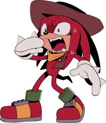 Rule 34 | 1boy, animal nose, arm up, bandana, body fur, bottomless, brown hat, brown vest, constricted pupils, cowboy hat, digimin, fangs, full body, furry, furry male, gloves, hat, heel up, knuckles the echidna, long hair, male focus, non-web source, official art, open clothes, open mouth, open vest, purple eyes, red footwear, red fur, red hair, ring (sonic), scared, sheriff badge, shoes, sidelocks, simple background, solo, sonic (series), spiked gloves, standing, star (symbol), surprised, sweat, tail, teeth, the murder of sonic the hedgehog, tongue, transparent background, turn pale, vest, wide-eyed, yellow bandana, yellow gloves