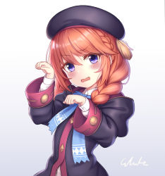Rule 34 | 1girl, beret, black coat, black hair, black hat, blue neckwear, blush, braid, cementite, coat, collared shirt, embarrassed, grey background, hat, highres, long hair, long sleeves, looking at viewer, open mouth, orange hair, princess connect!, purple eyes, shirt, signature, solo, twin braids, upper body, white background, white shirt, yuni (princess connect!)