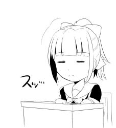 Rule 34 | 10s, 1girl, = =, blunt bangs, bow, chair, chibi, closed eyes, commentary request, desk, folded ponytail, greyscale, hair bow, kantai collection, monochrome, school uniform, serafuku, short sleeves, sitting, sketch, solo, translation request, white background, yano toshinori, yuubari (kancolle)