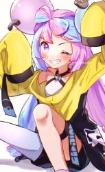 Rule 34 | 1girl, aqua hair, black shorts, blue hair, blurry, blush, bow-shaped hair, character hair ornament, chitozen (pri zen), commentary request, creatures (company), game freak, grin, hair ornament, hands up, highres, iono (pokemon), jacket, long hair, looking at viewer, multicolored hair, nintendo, one eye closed, pokemon, pokemon sv, purple eyes, purple hair, sharp teeth, shirt, shorts, single leg pantyhose, sleeveless, sleeveless shirt, sleeves past fingers, sleeves past wrists, smile, solo, symbol in eye, teeth, thigh strap, twitter username, very long hair, watermark, white shirt, yellow jacket