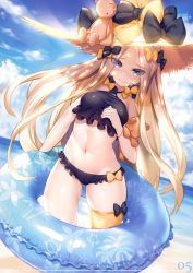 Rule 34 | 1girl, abigail williams (emerald float) (fate), abigail williams (fate), absurdres, beach, bikini, blonde hair, blue eyes, blue sky, blush, bow, breasts, closed mouth, cloud, cloudy sky, day, fate/grand order, fate (series), floral print, frills, hair bow, hamada miku, hat, highres, holding, innertube, lips, long hair, looking at viewer, multiple hair bows, navel, ocean, outdoors, page number, scan, see-through, shiny clothes, shiny skin, simple background, single thighhigh, sky, sleeveless, small breasts, smile, solo, stomach, straw hat, stuffed animal, stuffed toy, swim ring, swimsuit, teddy bear, thighhighs, thighs, water, yellow thighhighs