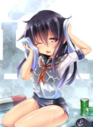 Rule 34 | 10s, 1girl, akatsuki (kancolle), blush, chestnut mouth, drum (container), drying hair, flat chest, hat, hat ribbon, highres, kantai collection, long hair, one eye closed, purple eyes, purple hair, ribbon, school swimsuit, school uniform, serafuku, short sleeves, sitting, solo, swimsuit, swimsuit under clothes, thighs, unomi, wet, wet clothes, wet hair, yokozuwari