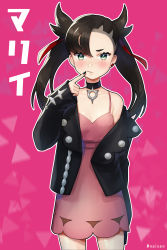 Rule 34 | 1girl, :/, absurdres, arm behind back, black choker, black jacket, black nails, blush, character name, choker, closed mouth, cowboy shot, creatures (company), dress, earrings, finger to mouth, flat chest, game freak, green eyes, hair ribbon, highres, jacket, jewelry, long hair, long sleeves, marnie (pokemon), nail polish, nintendo, noixen, off shoulder, open clothes, open jacket, outline, pink background, pink dress, pokemon, pokemon swsh, red ribbon, ribbon, single bare shoulder, single earring, sleeves past wrists, solo, triangle, twintails, twitter username, white outline