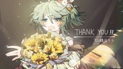 Rule 34 | 1boy, :3, blush, bouquet, commentary request, dazeroyuu, flower, gift art, green eyes, green hair, hair between eyes, hair ornament, holding, holding bouquet, holostars, jacket, kagami kira, male focus, open mouth, solo, thank you, virtual youtuber