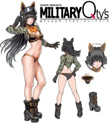 Rule 34 | 1girl, animal ear headphones, animal ears, artist name, ascot, ass, bikini, black bikini, black gloves, black hair, boots, breasts, camouflage, cat ear headphones, chin strap, choker, cleavage, concept art, copyright name, cropped jacket, fake animal ears, flat color, from side, full body, gloves, goggles, goggles on head, gradient hair, hand on own hip, headphones, high heel boots, high heels, highres, jacket, kneepits, legs apart, lips, long hair, medium breasts, military, multicolored hair, multiple views, navel, orange ascot, original, purple eyes, revealing clothes, simple background, swimsuit, very long hair, white background, yamashita shun&#039;ya