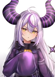Rule 34 | 1girl, absurdres, ahoge, belt, braid, closed mouth, collar, demon girl, demon horns, dress, highres, hololive, horns, la+ darknesss, long hair, long sleeves, looking at viewer, multicolored hair, nyctea snow, pointy ears, pout, purple dress, short dress, simple background, single thighhigh, sleeves past fingers, sleeves past wrists, smile, smug, streaked hair, striped horns, thighhighs, upper body, v-shaped eyebrows, very long hair, virtual youtuber, white background, white hair, yellow eyes