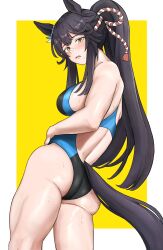 Rule 34 | 1girl, alternate costume, animal ears, ass, bandaid, bandaid on face, bandaid on nose, bare shoulders, black hair, blue one-piece swimsuit, blush, border, breasts, commentary request, cowboy shot, ear ornament, from behind, frown, full body, hair between eyes, highres, horse ears, horse girl, horse tail, large breasts, long hair, looking at viewer, looking back, median furrow, miya nns35, nape, narita brian (umamusume), one-piece swimsuit, outside border, parted lips, ponytail, rope, shimenawa, simple background, solo, sweat, swimsuit, tail, umamusume, very long hair, white border, yellow background, yellow eyes
