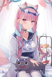 Rule 34 | 1girl, ahoge, anchor symbol, animal ears, balloon, bed, blue bow, blue choker, blue hair, blue hairband, blue nails, blue neckwear, blue skirt, blunt bangs, blush, bow, bowtie, braid, buttons, cake, cat ears, cat girl, cat tail, choker, closed mouth, collarbone, commentary request, controller, curtains, food, french braid, frilled sailor collar, frilled shirt collar, frills, fruit, game controller, hairband, head wreath, high-waist skirt, highres, hololive, long hair, long sleeves, looking at viewer, macaron, minato aqua, minato aqua (sailor), multicolored hair, nail polish, neko (minato aqua), official alternate costume, on bed, pantyhose, pillow, pink hair, plate, purple eyes, ribbon choker, sailor collar, sandwich, school uniform, serafuku, shirt, sidelocks, sisoha, sitting, skirt, smile, strawberry, strawberry shortcake, tail, tiered tray, twin braids, twintails, two-tone hair, virtual youtuber, white pantyhose, white shirt