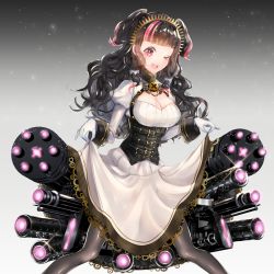 Rule 34 | 1girl, :d, bad id, bad pixiv id, belt, black hair, black pantyhose, blunt bangs, breasts, cannon, cleavage, cleavage cutout, clothes lift, clothing cutout, corset, ekm, gatling gun, gears, gloves, gun, hairband, long hair, looking at viewer, multicolored hair, open mouth, original, pantyhose, pink eyes, pink hair, skirt, skirt lift, smile, solo, ten kurairakon teikoku-gun, tenkuu no craft fleet, two-tone hair, two side up, wavy hair, weapon, white gloves