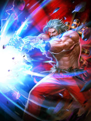 Rule 34 | abs, bare pectorals, biceps, chest harness, cyborg, from side, glowing, glowing eye, harness, heterochromia, highres, kaiser wave, male focus, manly, mechanical arms, mechanical parts, muscular, muscular male, official art, omega rugal, open hands, pants, pectorals, prosthesis, red pants, rugal bernstein, single mechanical arm, snk, solo, suspenders, suspenders slip, the king of fighters, the king of fighters &#039;95, the king of fighters all-stars, toned, toned male, white hair
