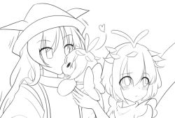 Rule 34 | 2girls, antennae, blush, butterfly wings, character doll, closed mouth, doll, dress, eternity larva, fairy, greyscale, hair between eyes, hat, heart, holding, holding doll, insect wings, leaf, leaf on head, lineart, long hair, matara okina, monochrome, motion lines, multiple girls, short hair, simple background, tabard, touhou, tsundere, unfinished, upper body, white background, wings, yu cha