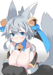 Rule 34 | 1girl, :&lt;, animal ears, bad id, bad twitter id, bell, blue eyes, blue ribbon, blush, breasts, cleavage, closed mouth, covering nipples, covering privates, detached sleeves, fox ears, fox tail, gradient background, grey background, grey hair, hair bell, hair between eyes, hair ornament, hair ribbon, highres, inukaze yamu, jingle bell, large breasts, long sleeves, looking at viewer, medium hair, original, ribbon, shishimanako hareko, solo, standing, tail, tears