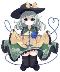 Rule 34 | 1girl, black footwear, black hat, black thighhighs, boots, bright pupils, buttons, closed mouth, collared shirt, commentary, diamond button, eyeball, floral print, frilled shirt collar, frilled skirt, frilled sleeves, frills, full body, green eyes, green skirt, grey hair, hat, heart, heart of string, highres, komeiji koishi, long sleeves, looking at viewer, medium hair, rose print, shirt, shishidonagi, simple background, skirt, smile, solo, straight-on, thighhighs, third eye, touhou, white background, wide sleeves, yellow shirt