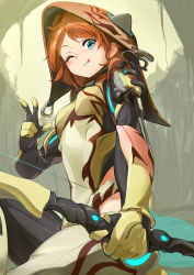 Rule 34 | 1girl, ;p, aqua eyes, bodysuit, bow (weapon), brown hair, commentary, highres, holding, holding bow (weapon), holding weapon, hood, humanization, ivara (warframe), looking at viewer, one eye closed, sanderson, short hair, smile, solo, tongue, tongue out, v, warframe, weapon