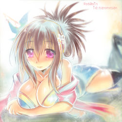 Rule 34 | 1girl, ass, black thighhighs, blue kimono, blush, breasts, brown hair, cleavage, closed mouth, commentary request, folded ponytail, full body, japanese clothes, kimono, large breasts, long hair, looking at viewer, lying, ninja, ninja (ragnarok online), no shoes, on stomach, one-hour drawing challenge, pink hair, ragnarok online, shuriken hair ornament, smile, solo, tanono, the pose, thighhighs