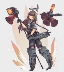 Rule 34 | 1girl, absurdres, assault rifle, blush, brown eyes, brown hair, closed mouth, commentary, earphones, english commentary, gloves, grey background, grey gloves, grey jacket, grey shorts, gun, hair ornament, halo, highres, holding, jacket, long hair, looking at viewer, looking back, megaphone, armored boots, original, rifle, short sleeves, shorts, solo, spotlight, standing, urorong, weapon, x hair ornament
