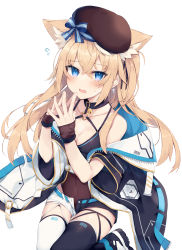 Rule 34 | 1girl, absurdres, animal ears, asymmetrical legwear, bare shoulders, beret, black choker, black coat, black hat, black shirt, black thighhighs, blonde hair, blue eyes, breasts, choker, cleavage, coat, covered navel, cowboy shot, fox ears, hat, highres, long hair, looking at viewer, medium breasts, mismatched legwear, nibiiro shizuka, off shoulder, open clothes, open coat, open fly, open mouth, original, shirt, short shorts, shorts, sleeveless, sleeveless shirt, solo, spaghetti strap, steepled fingers, thighhighs, two-tone shorts, white thighhighs